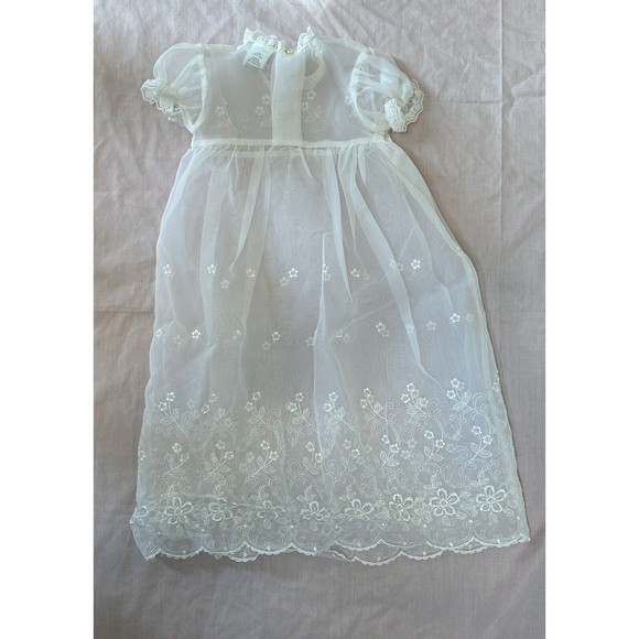 Vtg Phyllis Baby Wear Christening Dress Set White Embroidery Floral Gown Bonnet - Picture 9 of 16
